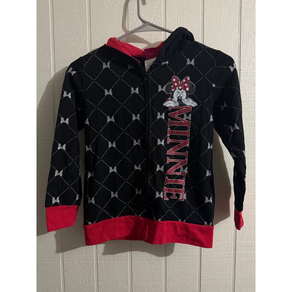 Disney Minnie Mouse Girls Black Red Zip Up Hoodie Ears Bow Size M 7/8